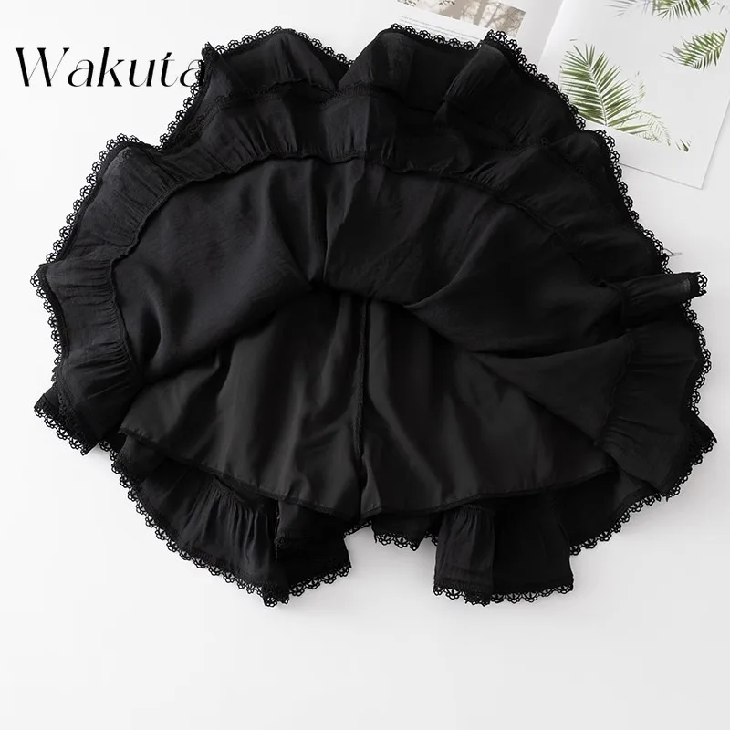 WAKUTA Japanese Elastic Waist White Black Irregular Kawaii Skirt Style School Y2k Aesthetic Ruffles Short Skirt Women Streetwear