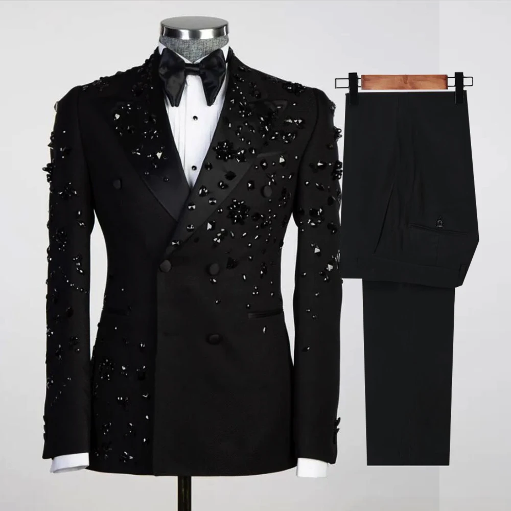 Formal Wedding Suits For Men Fit Slim Black Beading Jacket Pants 2 Pieces Sets Male Fashion Groom Custom Made Tuxedos Prom Party