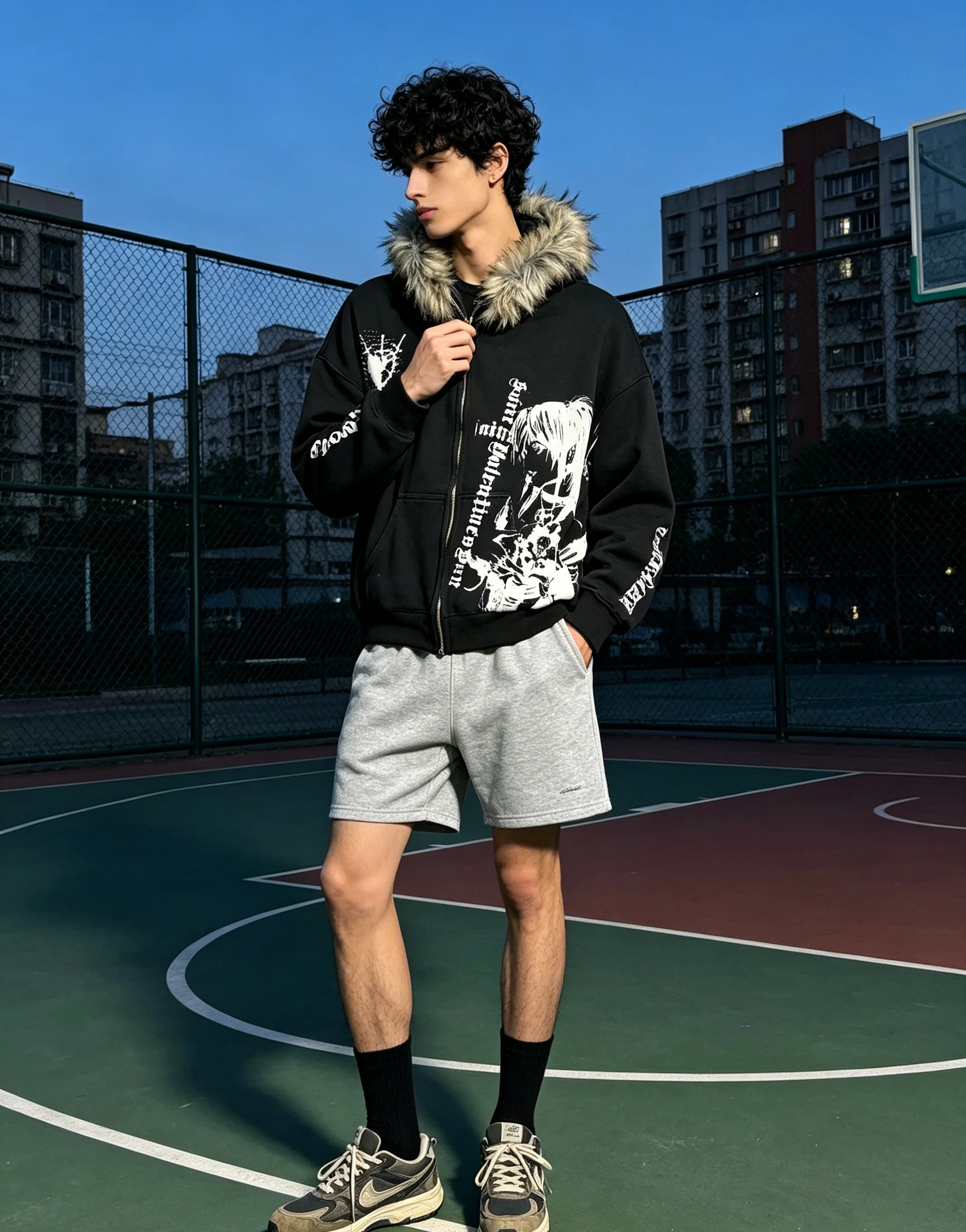 Unisex Gothic Anime Print Fur Lined Zip Up Hoodie Oversized Vintage Washed Streetwear Casual Hooded Jacket