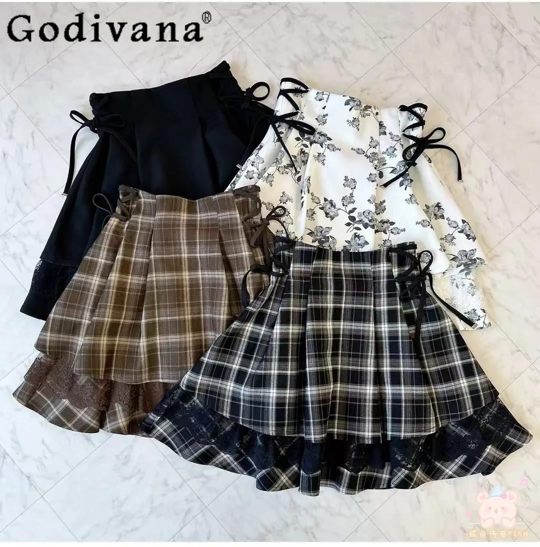 

Women's Plaid Skirt Japanese Mine Style Mass-produced Lace-up Lace Double-layer Skirt High Waist Slim Short Skirts Autumn New