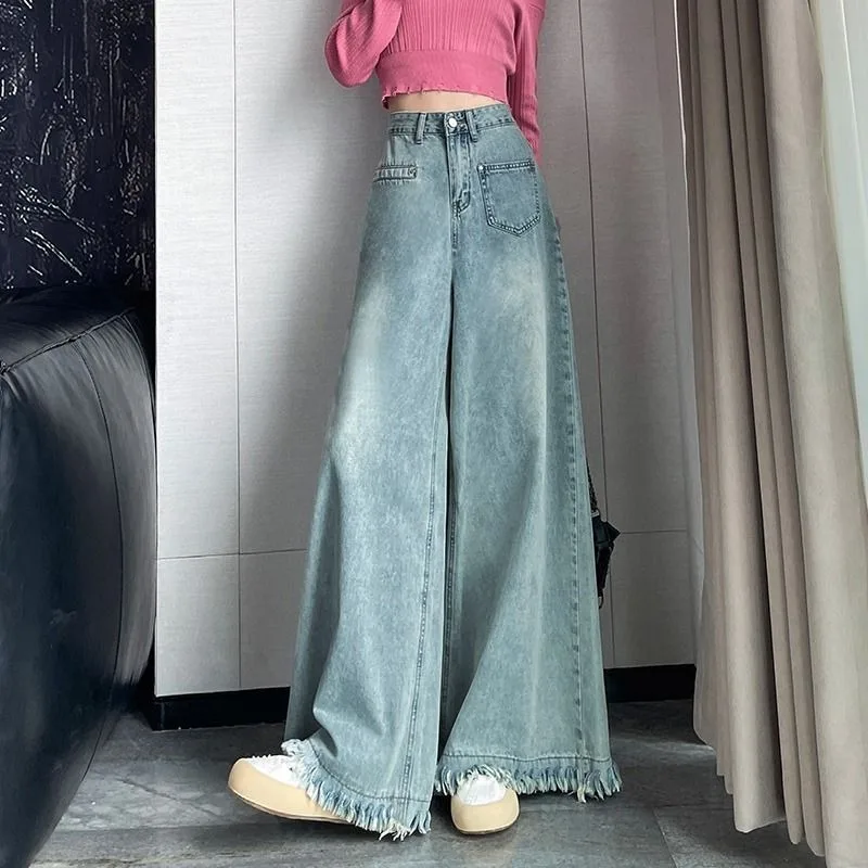 Spring Fall Design Sense Tassel Ragged Edge Jeans Women High Waist Casual Straight Tube Wide Leg Denim Pantalones Baggy Vaqueros