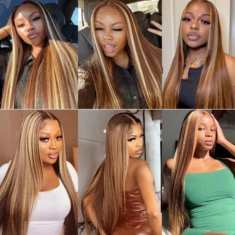 P4/27 Highlight Glattes Echthaar 36 Zoll 200 Dichte 13x6 HD Transparente Spitze-Frontal-Perücke für Frauen