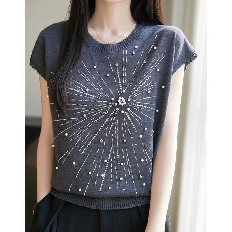 

Women Beaded Knitted Short-sleeved T-shirt 2025 Summer New Round Neck Sleeveless Vest Office Lady Fashion Loose Top Pullovers
