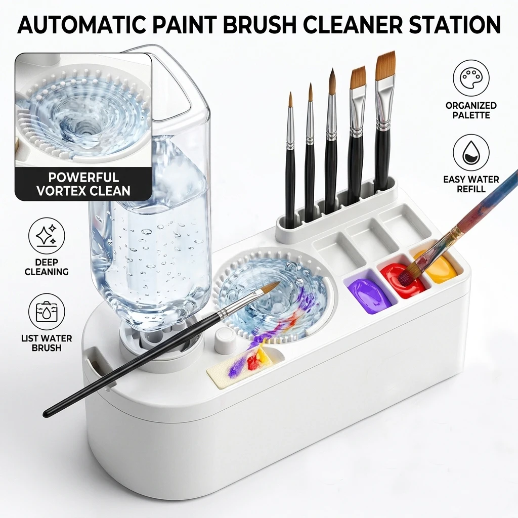Portable 450ml Brush Washer with Press-to-Change Water Bucket, Suitable for Acrylic Paint Makeup brushes Cleaning Tools