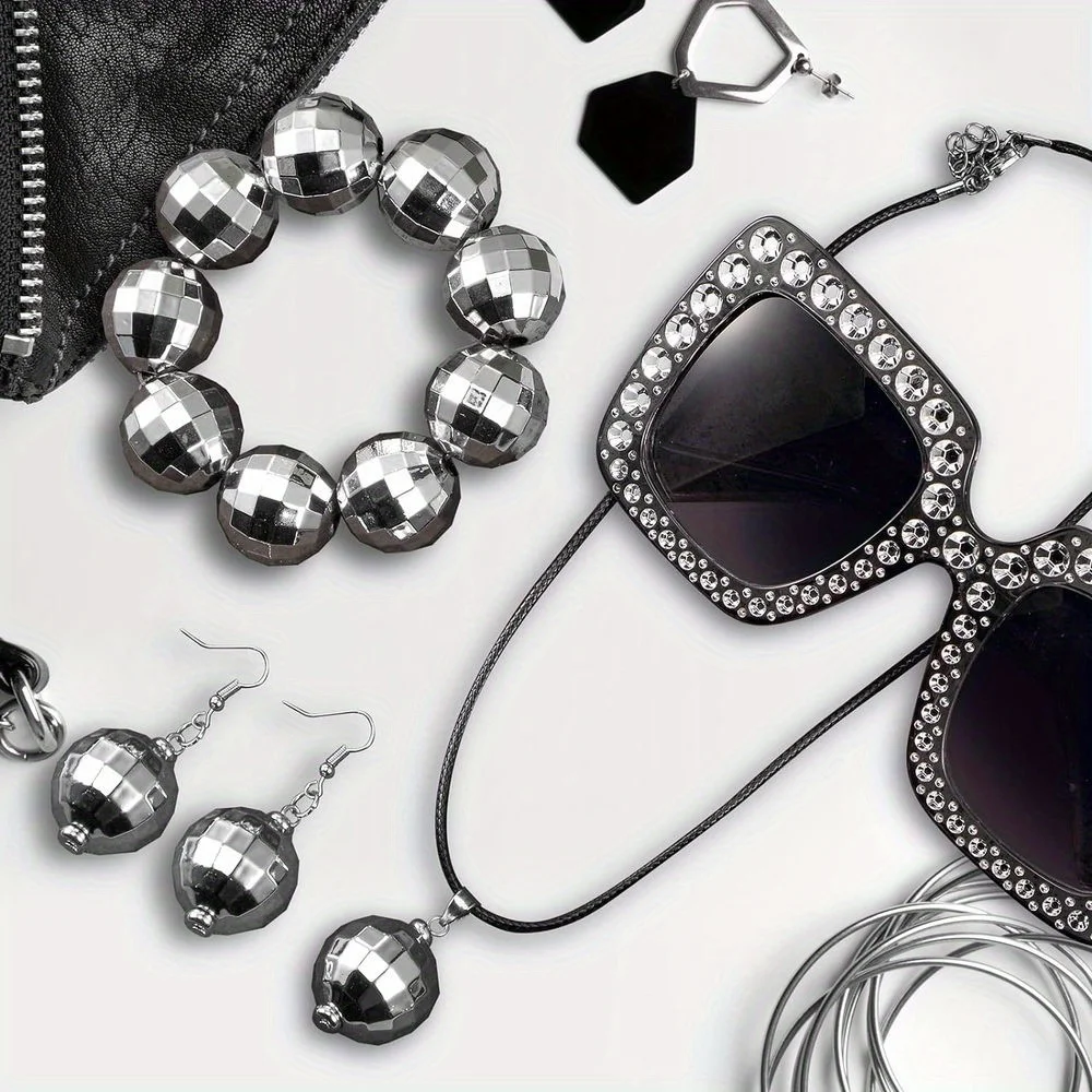 Disco Costume Acessórios Set, Disco Ball Brincos, Colar, Pulseira, Headband, Óculos de sol, Anos 70