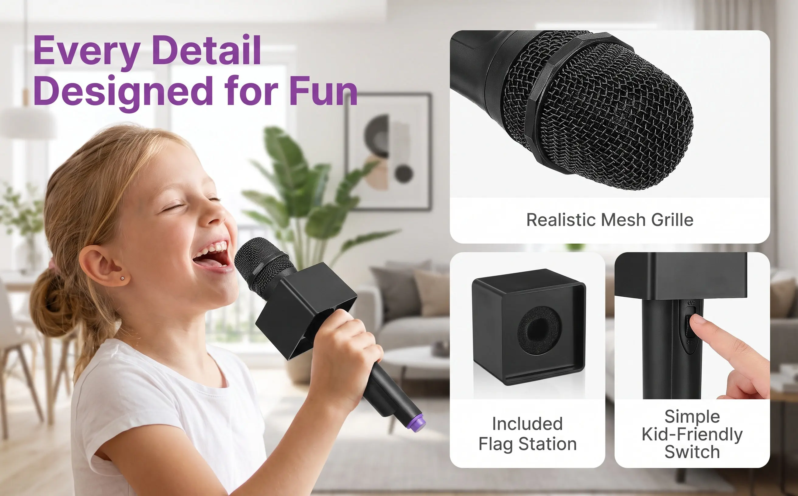 Fake Microphone Realistic Simulation Small Size Party Performance Pretend Play Mic Flag Station for Toddlers Kids Role Playing