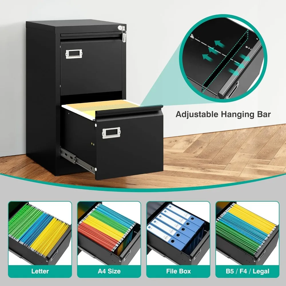 Narrow Vertical Metal File Cabinet with Lock and Label, 2-Drawer Small Filing Cabinet