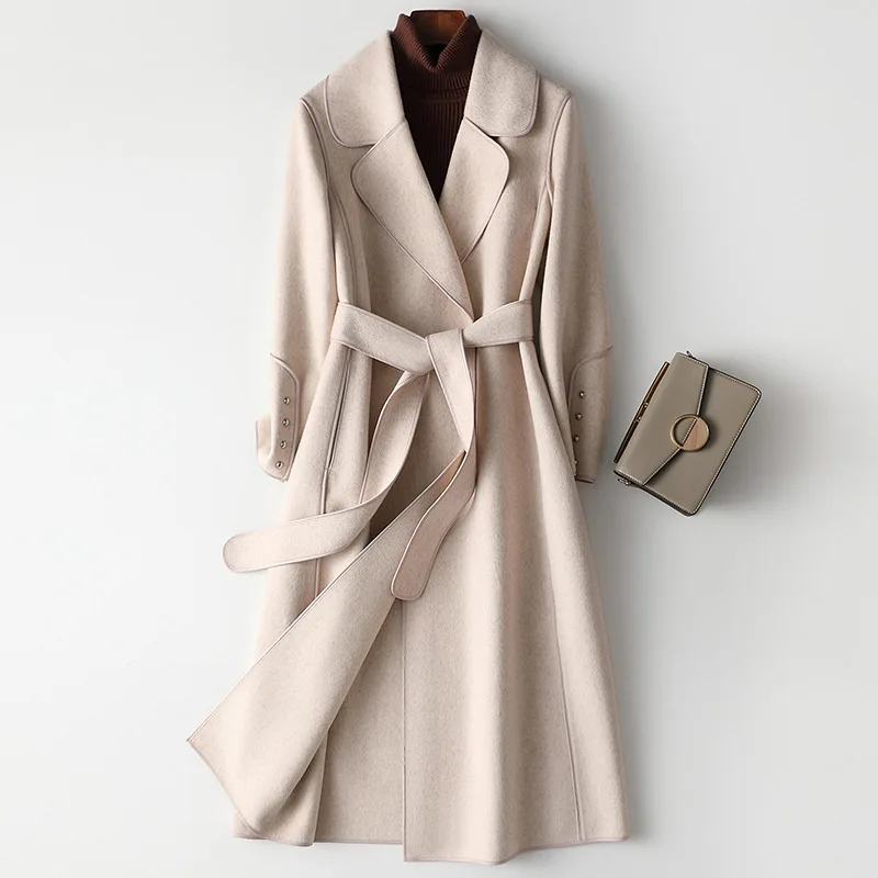 2024 Women Autumn Coats Drouble Face Wool Long Coats With Belt Women Elegant Cashmere Coat Veste Femme Tops New