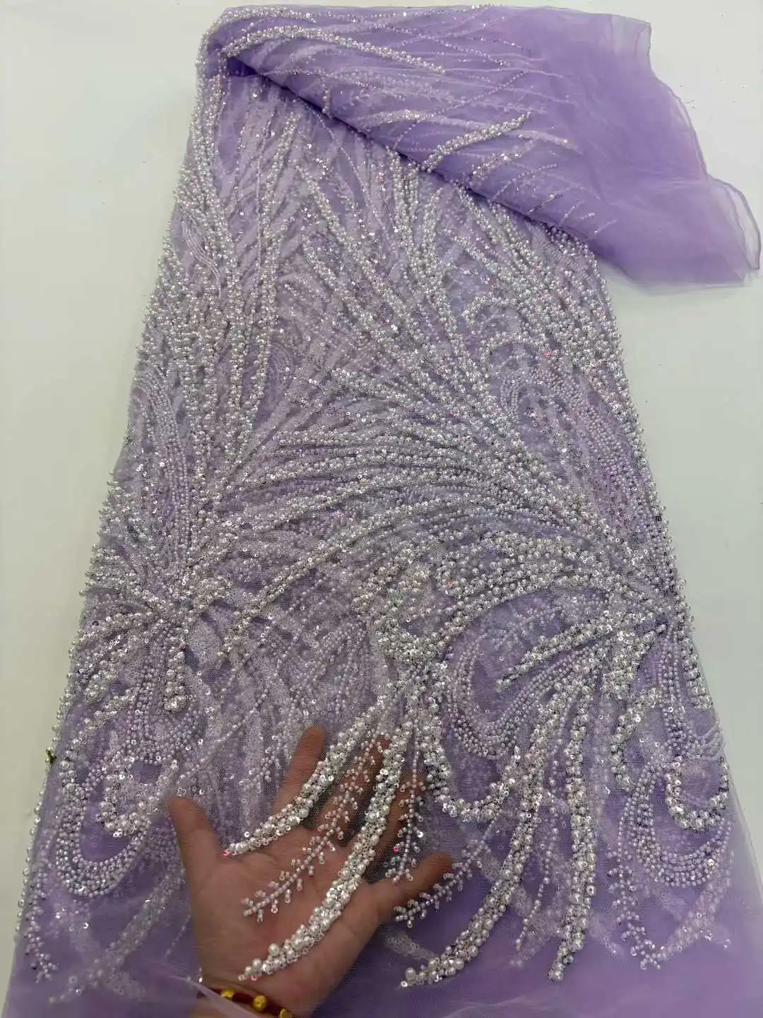 

African Nigerian Groom Lace Fabric With Sequin,Hig-End Luxury Embeoidery,Heavy pearl Fabric For Wedding Dress Party,Material