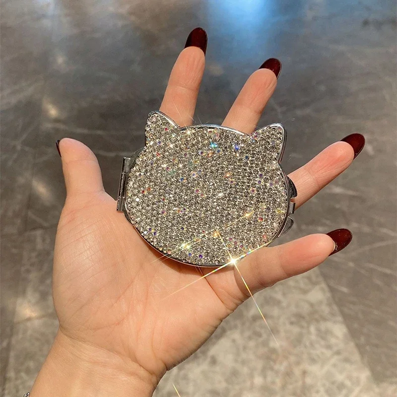 1 PCS Cute Cat Foldable Pocket Mirror With Rhinestones Double Side Mini Diamond Painting Mirror For Home Travel Outdoor Use