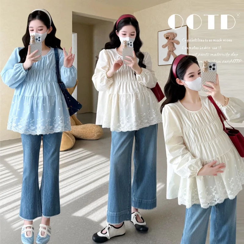 Sweet Lace Trim Pregnancy Blouse Autumn Flowy Peter Pan Collar Top Feminine Chic Maternity Shirt Comfortable Stylish Mommy Wear