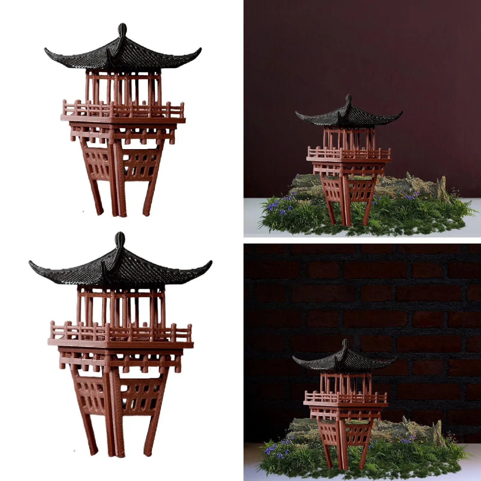 Vintage Style Miniature Pavilion Sculpture Decorative Statue Pagoda Accent for Yard Garden and Bonsai Display