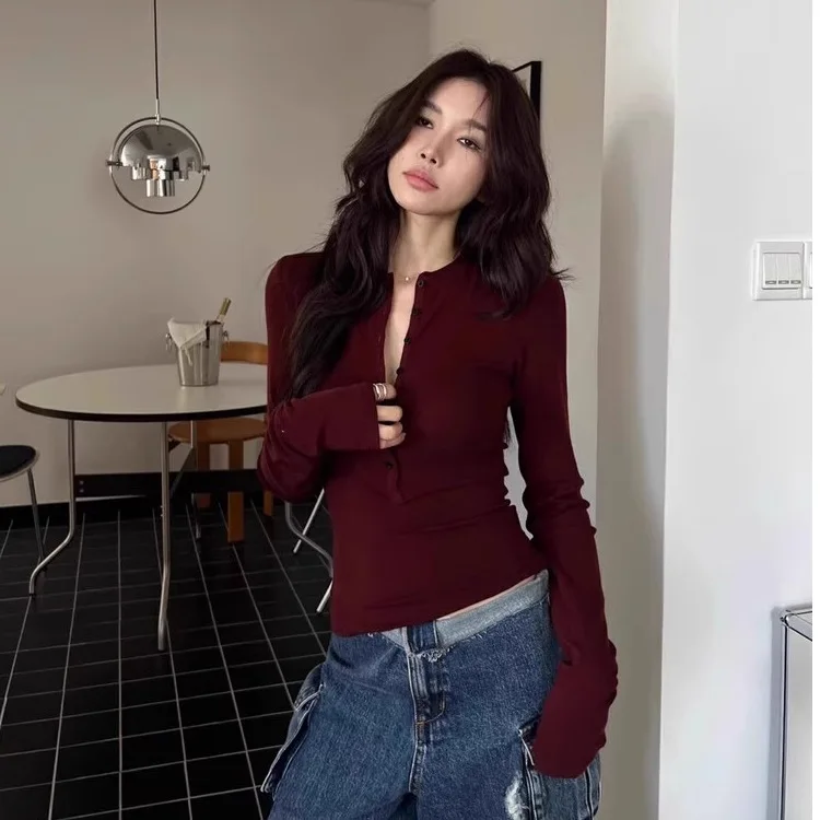 Women Half Placket V Neck Long Sleeve Top Burgundy Slim Fit American Style Casual Inner Base Shirt