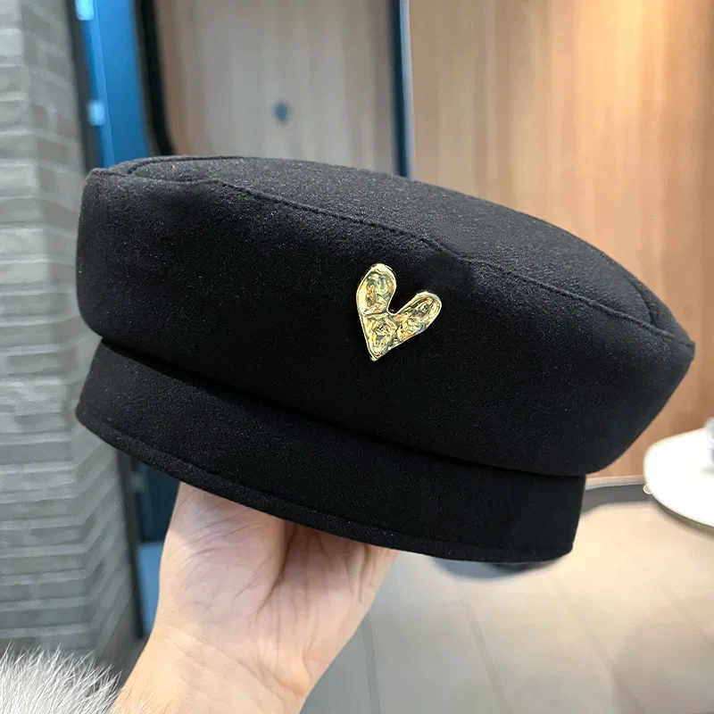 

Love Metal Logo Beret Thickened Design Vintage Solid Color Women's Slouchy Hat Autumn Spring Face Slimming Casual