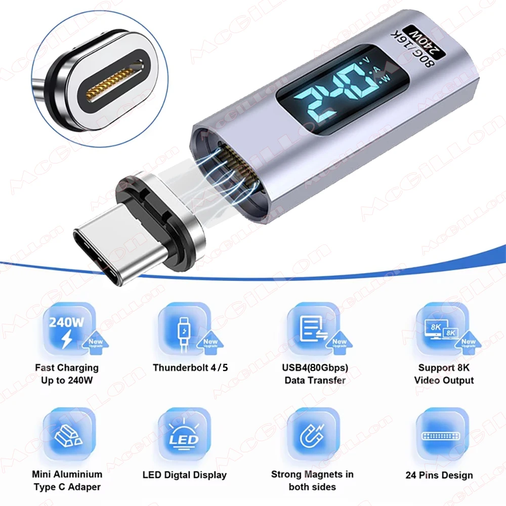 USB4 80Gbps PD240W Thunderbolt 5 Magnetic Adapter USB C To Type C Fast Charge Magnet Converter Cable 16K@60Hz USB Type C Adapter