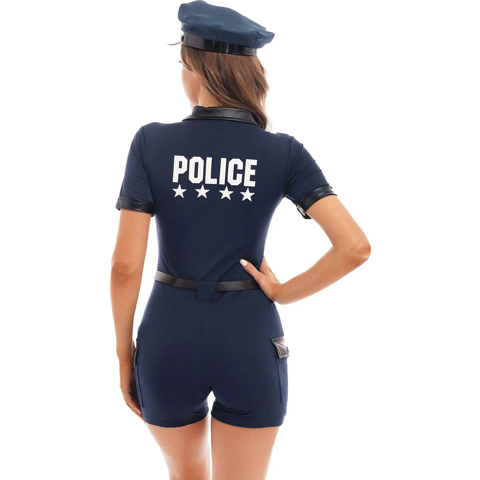 Womens Police Woman Cosplay Costume Halloween Carnival Party Jumpsuit with Belt Purse Hat Policewoman Officer Uniform Outfit