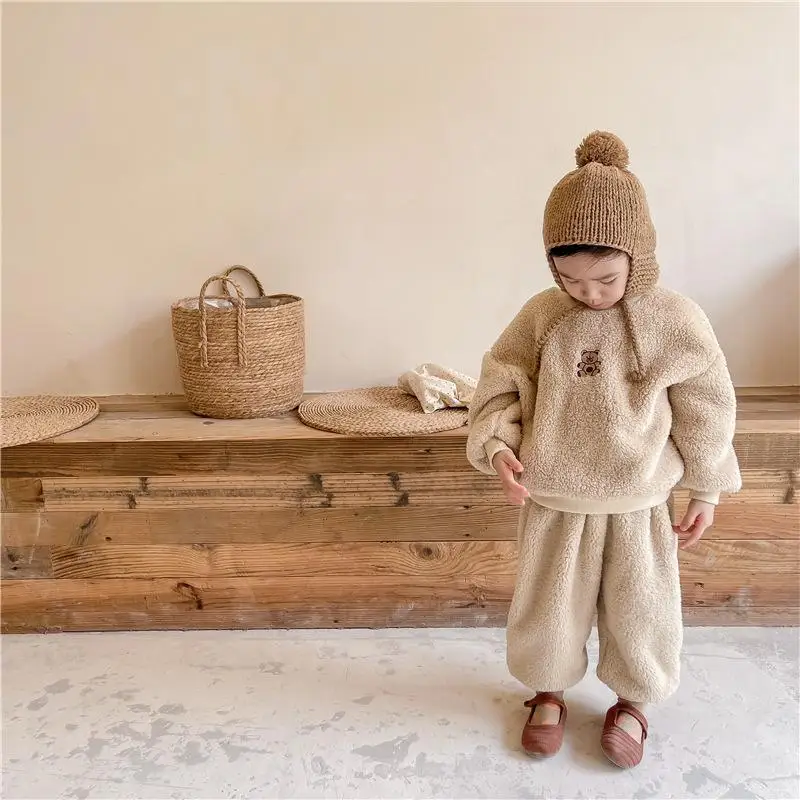 2022 New Baby Girl Winter Clothes Set Korean Long Sleeve Imitation Cashmere Kids Boy Clothes Suit Child Autumn 2pcs Outfits