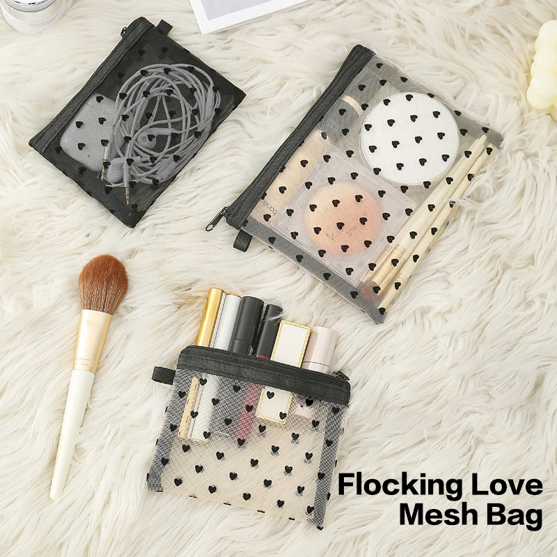 Nylon Mesh Cosmetic Storage Bag com Zipper, Padrão Coração, Organizador De Higiene Pessoal, Maquiagem Sacos, Batom Multifuncional e Bolsa Chave