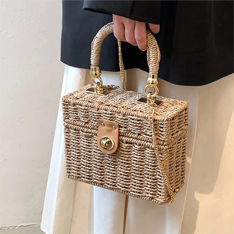 

Designer Weave Square Box Handbags for Women 2022 Trendy Female Straw Shoulder Bag Fashion Brand Chains Beach Bags Purses