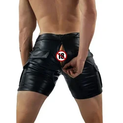 Sexy Men Faux Leather Open Crotch Erotic Shorts PVC Night Club Men Front Diagonal Zipper Rear Crotch Opening Trouser 2024