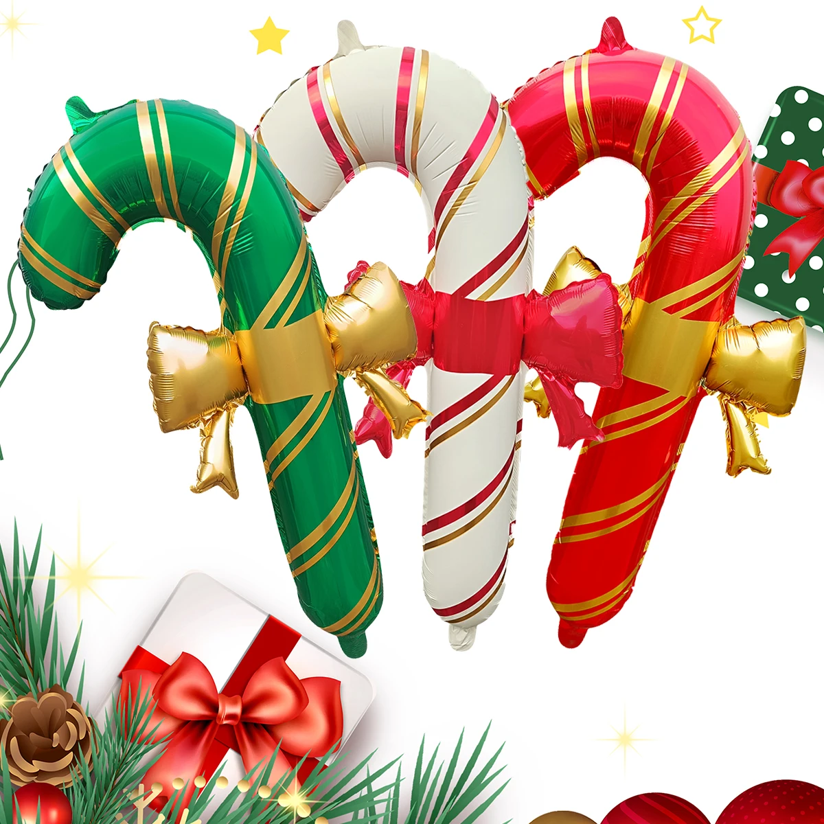 3 Stück 30 Zoll rot weiß grün Schleife Weihnachten Zuckerrohr Folienballons Stick Krücke Ballon Weihnachtsdekorationen für Zuhause Shop Party
