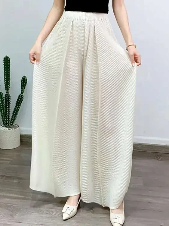 

Miyake 2025 Summer New Fashion Casual Pleated Wide Leg Pants Women's High Elastic Waist Designer Fashion Trousers Women's