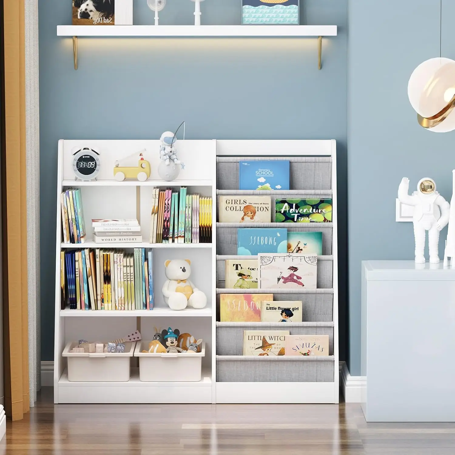 White Kids Bookshelf Wood Toy Storage Organizer Cabinet Children Bookcase Toddler Baby Sling Book Rack Adjustable Shelf for Play