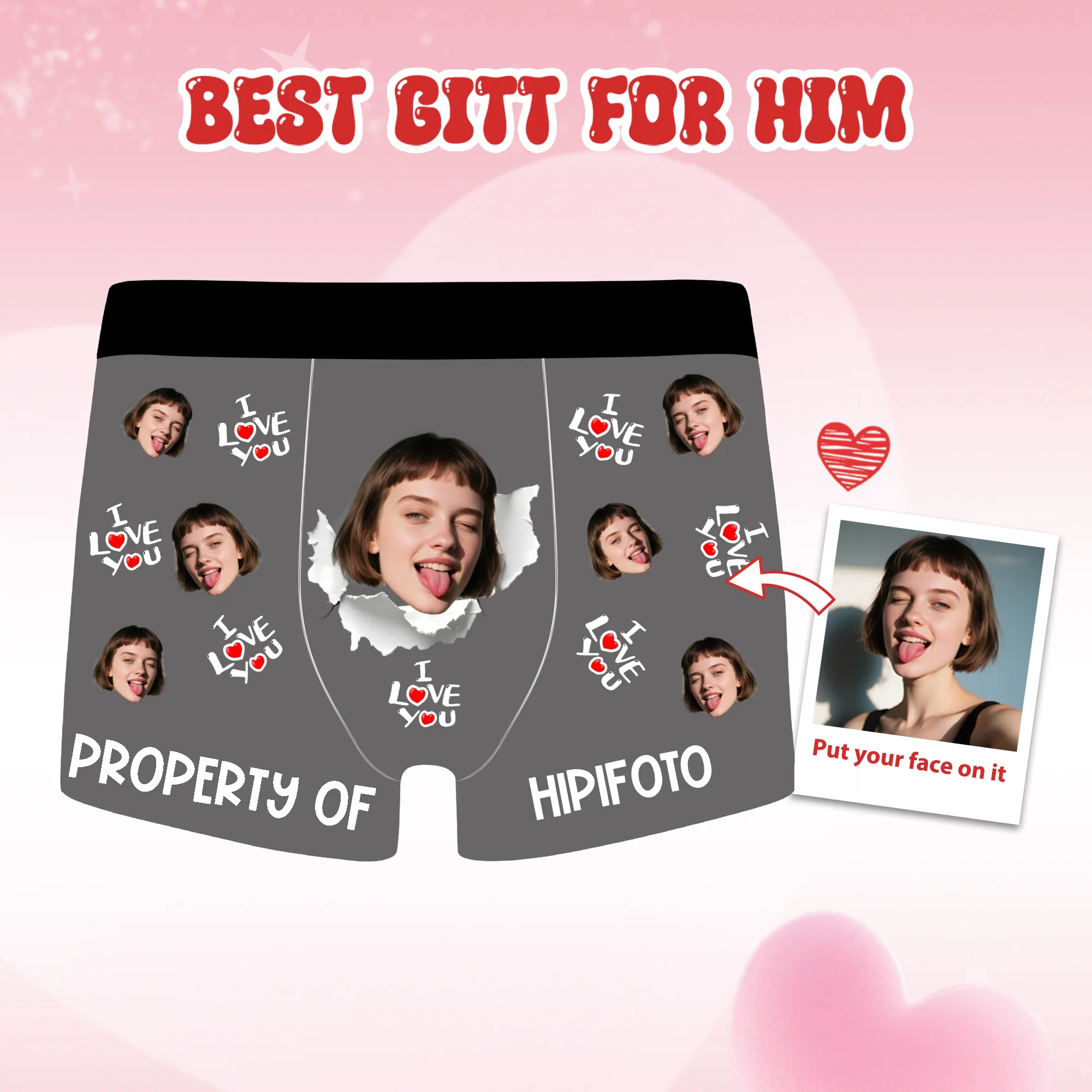 

Personalized Men's Underwear Custom Funny Face Photo Boxer Briefs with Red Lips for Boyfriend Husband Anniversary Birthday Gifts