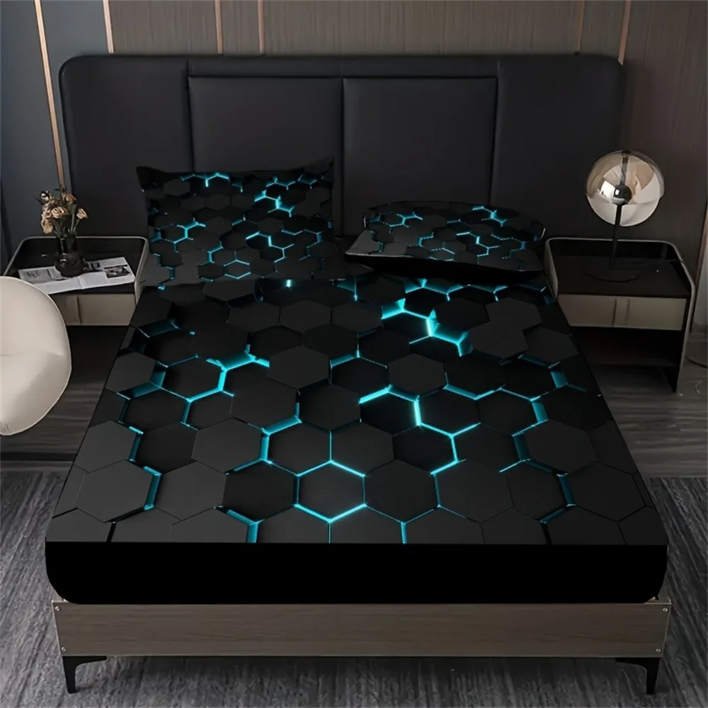 Blue 3D Hexagonal Honeycomb Geometry Print Fitted Sheet Set Column Mosaic Art Neon Mattress Covers Bedding Set With Deep Pocket