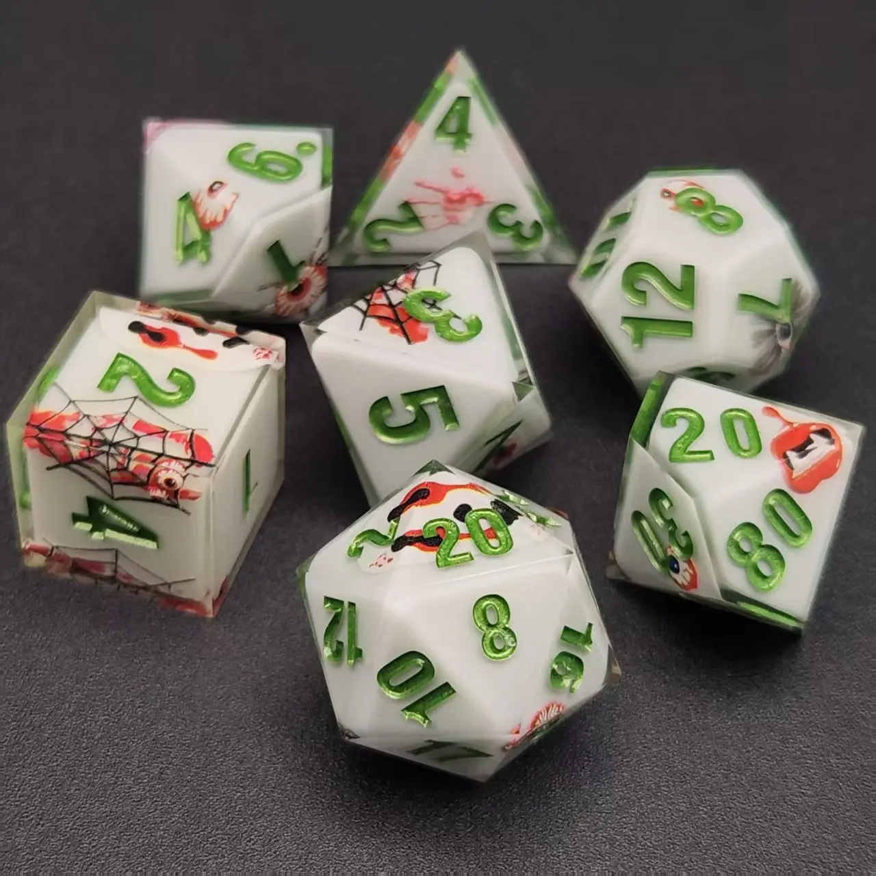 

7-Piece Handmade Resin Polyhedral Dice Set with Sharp Edges. the Dice Patterns Include Bats, Ghosts, Skulls, and Pumpkin Elements, Halloween High-End Dice