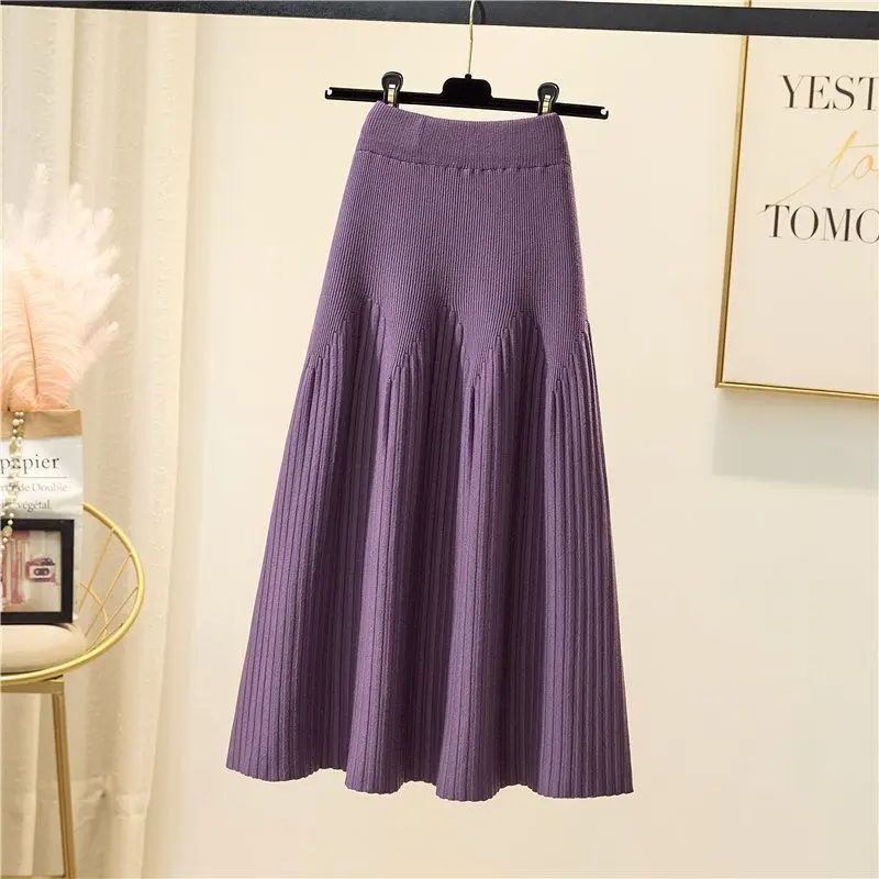 

A-Line High Waist Slim Stripe Simple Half Skirts Casual Loose Fashion Elegant Skirts 2023 New Autumn Winter Women Knit Skirts