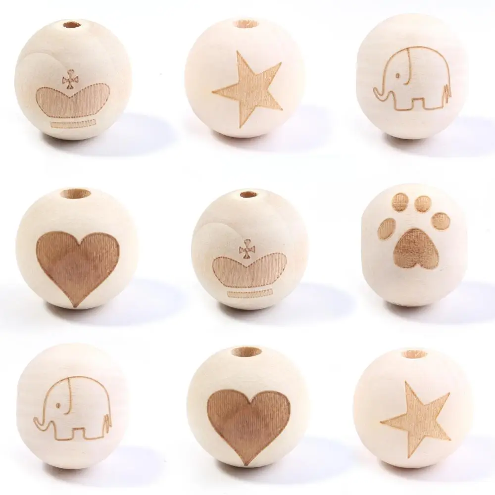 

20Pcs 20mm Wooden Natural Round Loose Beads Elephant Star Patter Ball Beads for DIY Accessories Handmade Crafts Making