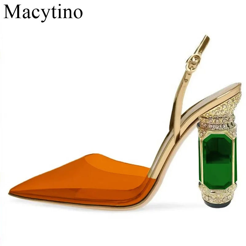 2024 Catwalk Rhinestone Gemstone Heel Buckle High Heels Thick Pumps Wedding Shoes lady Sandals Male Large Size