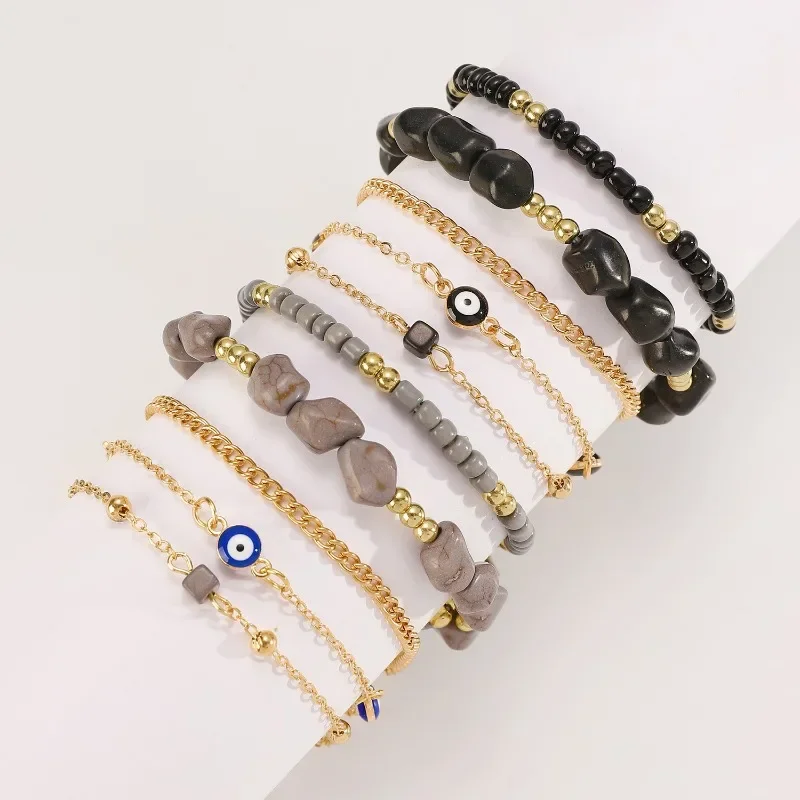 5 Pc Holiday Wind Gravel Beaded Devil's Eye Bracelet Set Bohemian Anklet Five-piece Set Bracelets for Women Pandora Charms 2025