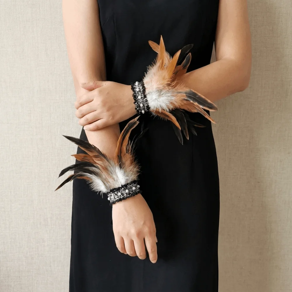 Vintage Lace Feather Wrist Cuffs Pearl Lightweight Plume Bracelet Fluffy Adjustable Wristband Themed Party