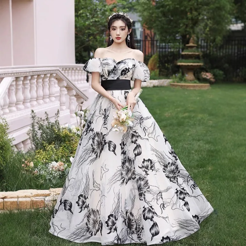 قبالة الكتف فقاعة كم مأدبة اللباس الرجعية الحبر اللوحة تنورة طويلة فستان الأميرة الأخوات حزب اللباس مزاجه أنيقة