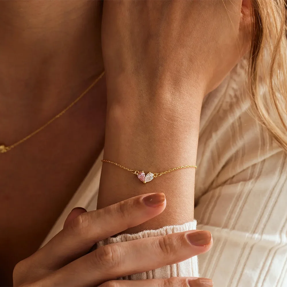 Custom Two Birthstone Heart Bracelet For Women Dainty Gold Color Blue White Stone Adjustable Stainless Steel Chain Jewelry Gift