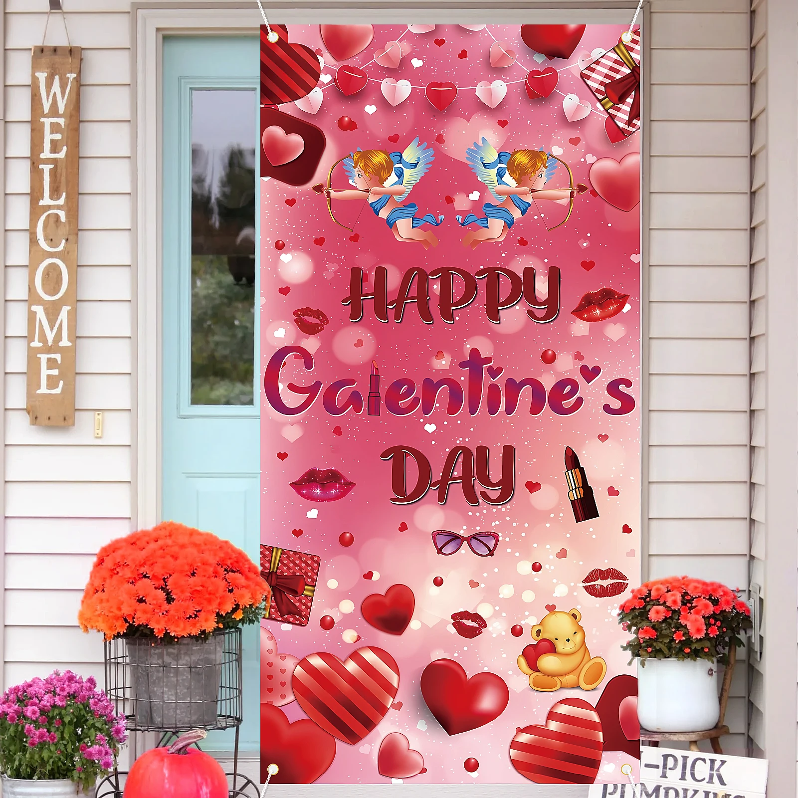 Galentines Day Banner Valentines Day Door Cover Happy Valentine's Day Banner Decorations Romantic Hearts Love Hanging Background