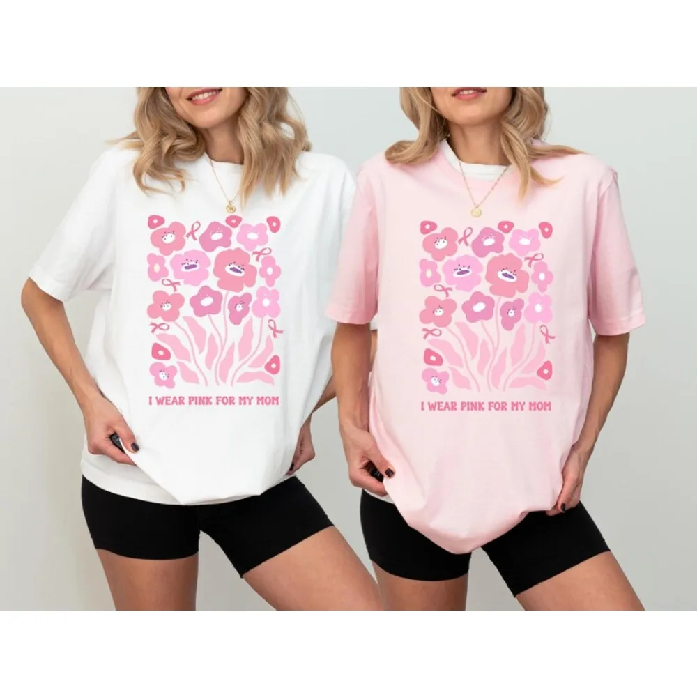 

Cancer Awareness Month T-Shirt I Wear Pink for My Mom Breast Cancer Shirt Boho Floral Pink Ribbon Tshirt Women Trendy Apparel