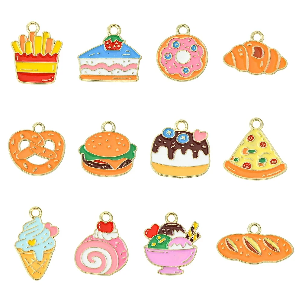 36pcs Food Enamel Alloy Charms Hamburger Pizza Donut Cake Ice Cream Croissant Pendant for DIY Bracelet Necklace Earring Jewelry