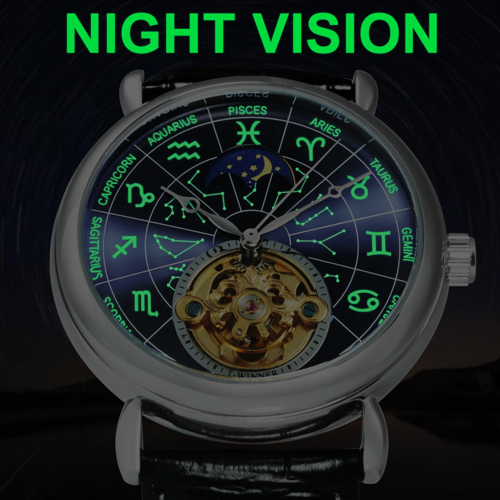 WINNER Fashion Mechanical Watches 12 Zodiac Constellations Astronomical Luminous Dial Skeleton Automatic Men Watch Leather Strap