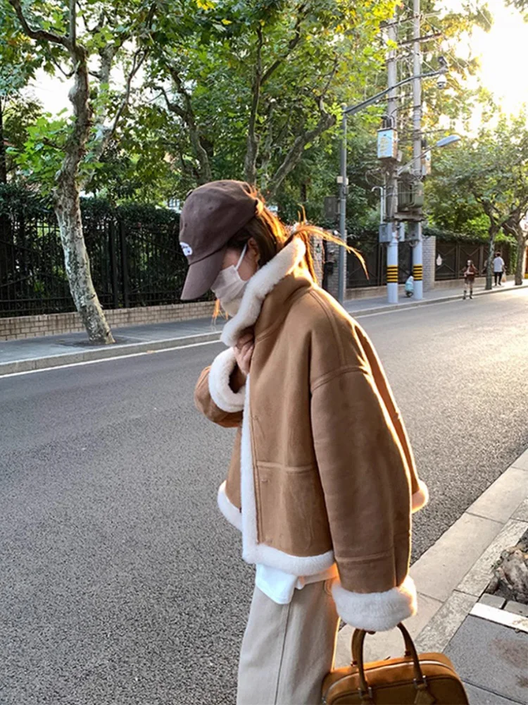 Einzigartiger Thiened Lamb Fur Ort Jaet Damen Herbst Winter Vintage Kleiner lockerer High Faion Motorrad Baumwollmantel