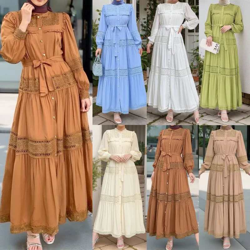 Jalabiya Women Eid Muslim Dress Abayas Embroidered Hollow Out Lace Lapel Collar Long Sleeve Robe Vestidos Women Party Dresses