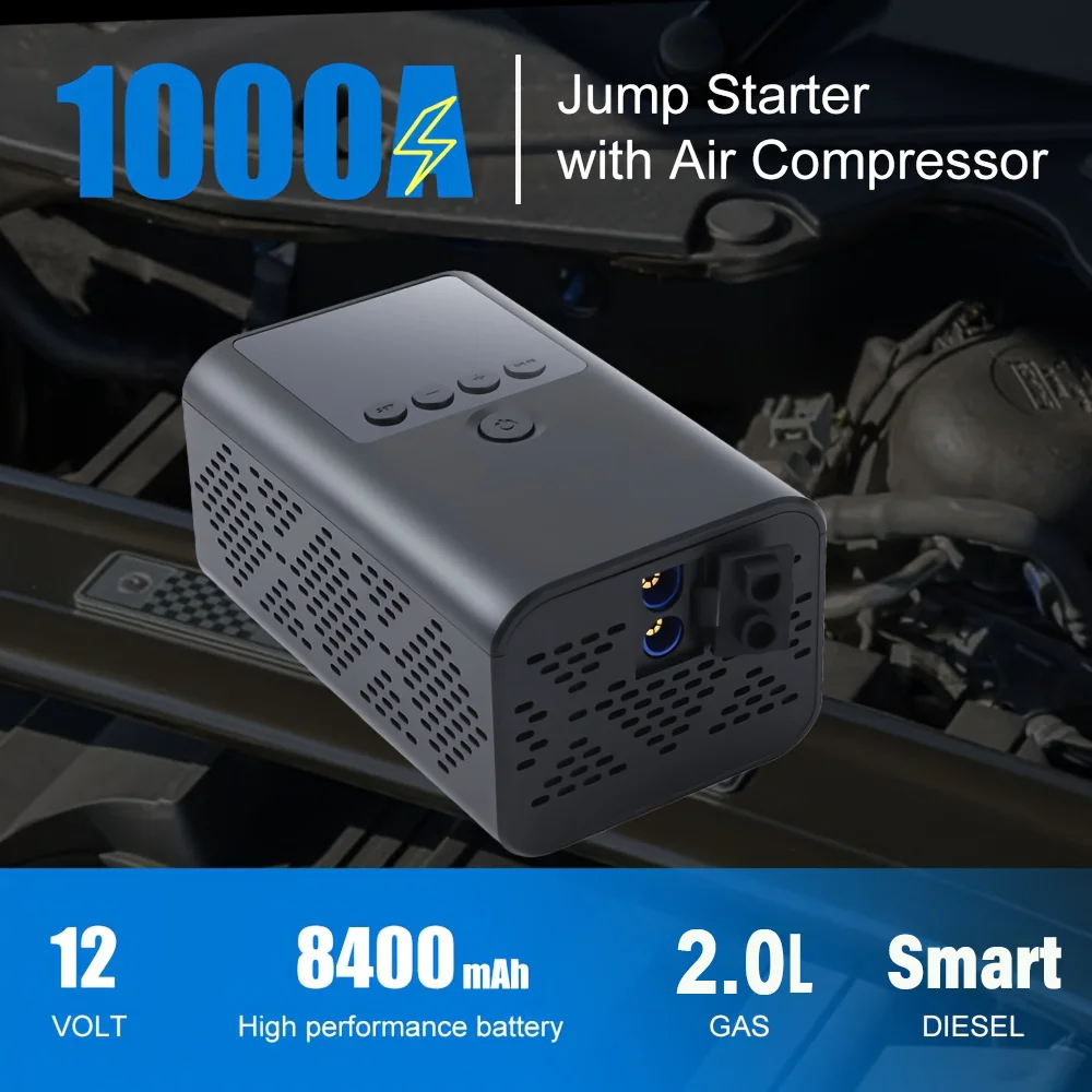 4 In 1 Mini Car Jump Starter With Air Compressor 1000A Car Battery Charger Auto Tire Inflator Digital Display Power Bank