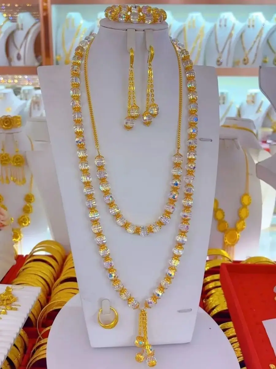 

New Dubai 24K Gold Plated Necklace Earrings Rings Bracelet Romantic Wedding Party Jewelry Set for Lover YY10923