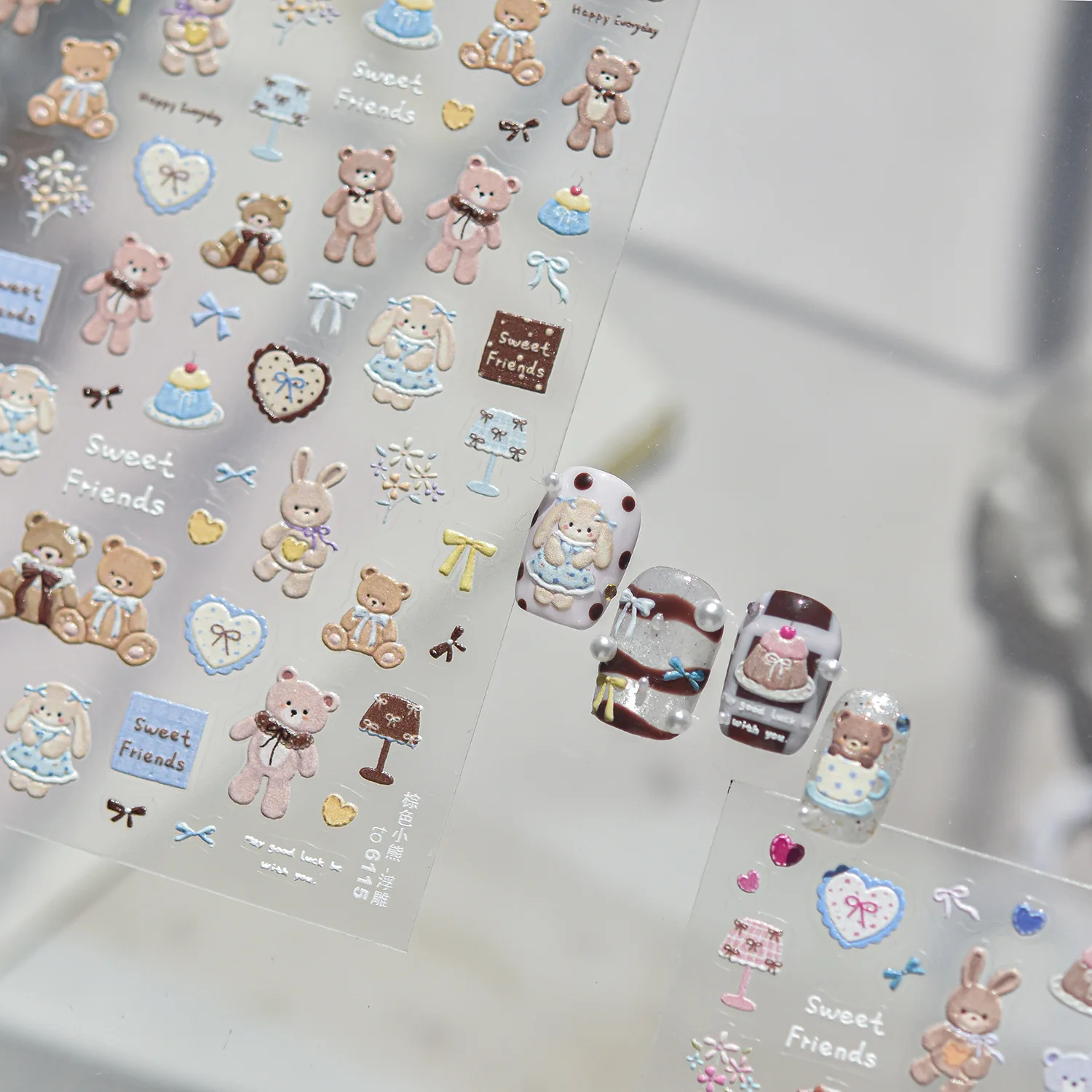 Sweet Cartoon Doll 5D Nail Art Stickers Fabric Bear Lop‑Eared Rabbit Cake Lamp Bow Knot Retro Self‑Adhesive Nail Decoration DIY