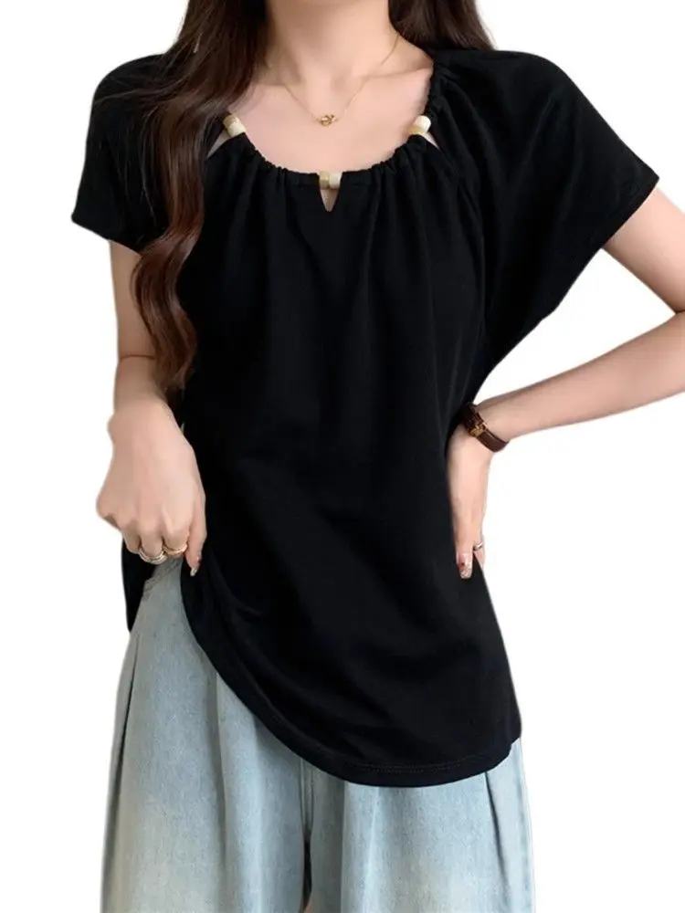 تي شيرت نسائي من القطن الخالص من الصوف الطائر صيفي كاجوال فضفاض ونحيف ومتعدد الاستخدامات