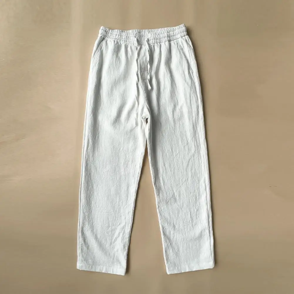 Calça de linho com cordão masculina, secagem rápida, moletom de ginástica com bolsos laterais, cintura com cordão, perna larga, sólida, ativa