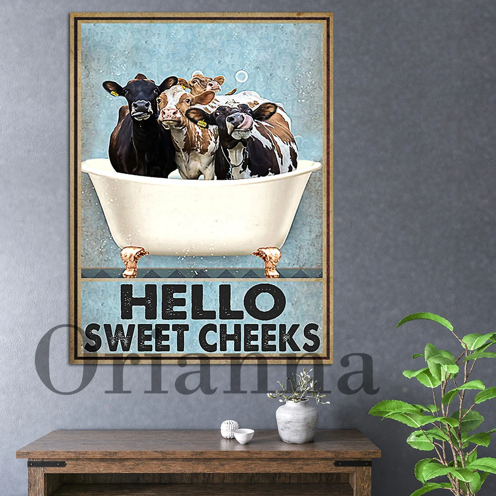 Modern Print Cow Hello Sweet Cheeks Canvas Poster, Funny Cow Butt Napkins Bathroom Painting, Vintage Print Home Bathroom Decor