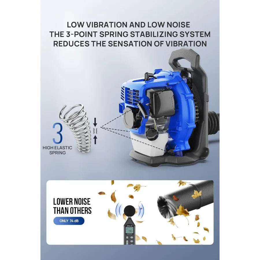 Dmuchawa plecakowa z silnikiem benzynowym 43 cm3 zapewniająca mocny przepływ powietrza, lekka, waga tylko 7,9 kg, idealna do usuwania liści, piasku i żwiru.